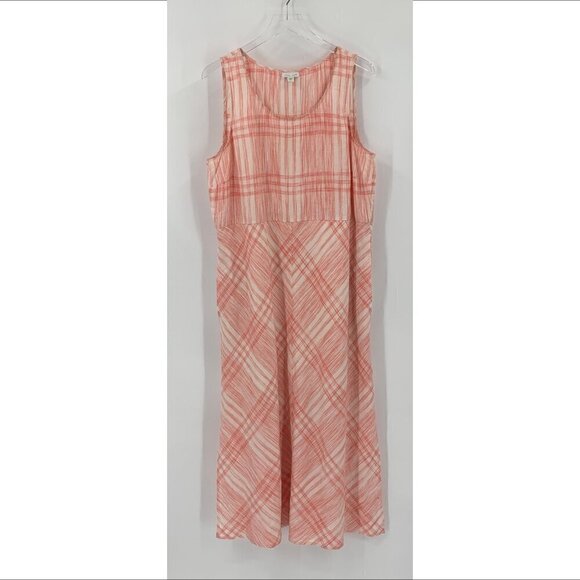J Jill Love Linen midi maxi plaid dress pink white sleeveless shift a-line Large - Picture 1 of 4
